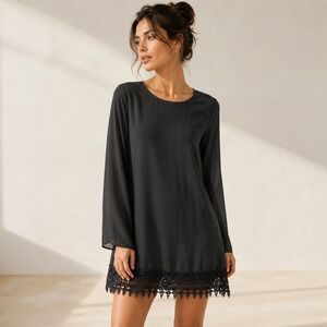 FAVOLOOK Black Chiffon Long Sleeve Mini Dress Crochet Lace Hem XL LBD Shift
